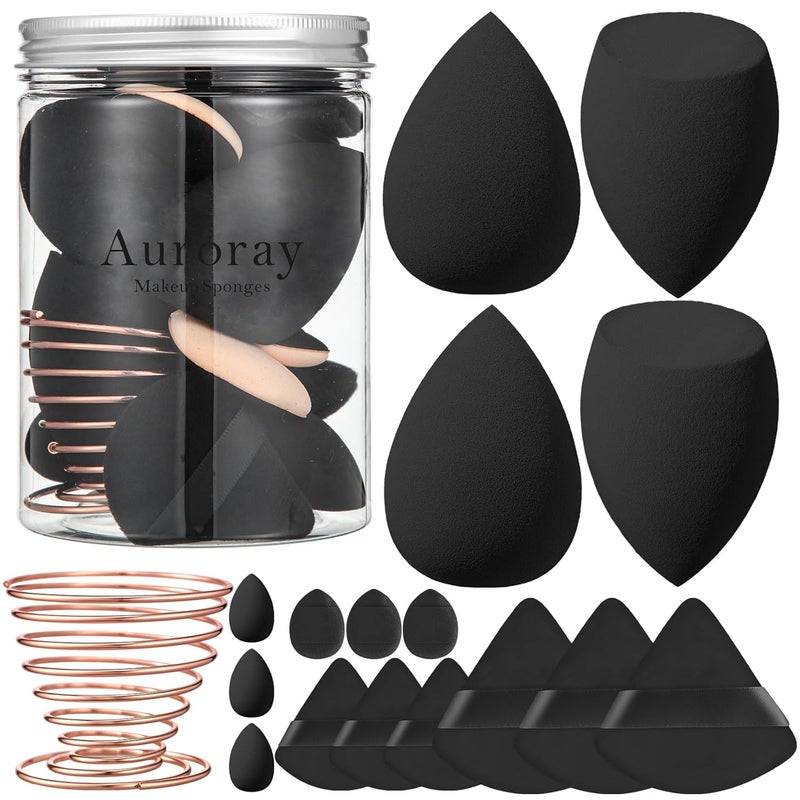 AuraRay 17PCS Makeup Sponge Set with 3PCS Mini Makeup Sponges,1PCS Make Up Sponges Holder,3PCS Foundation Mini Make Up Sponge Puff and 6PCS Powder Puff (Black) - Image 1